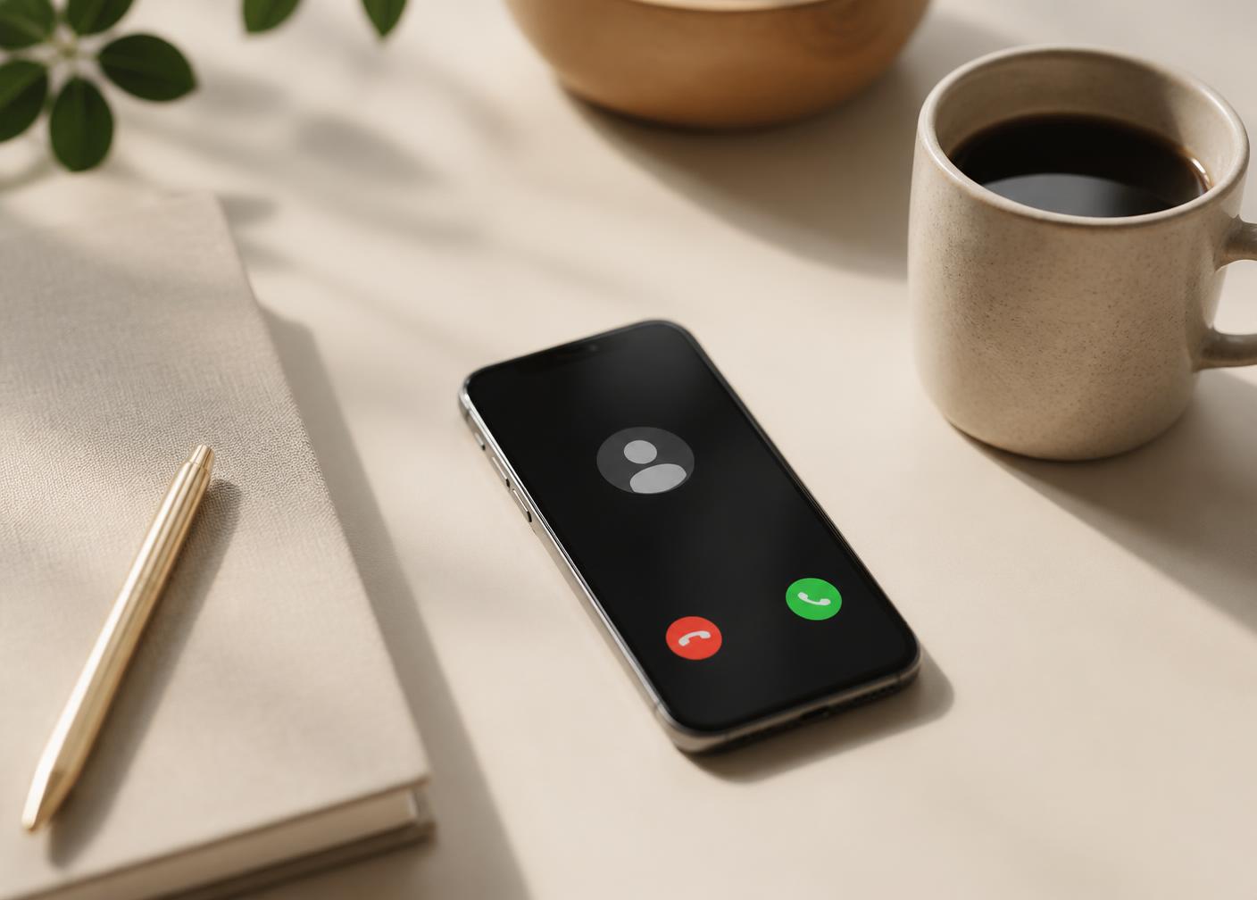 Smartphone met een inkomende oproep op een bureau