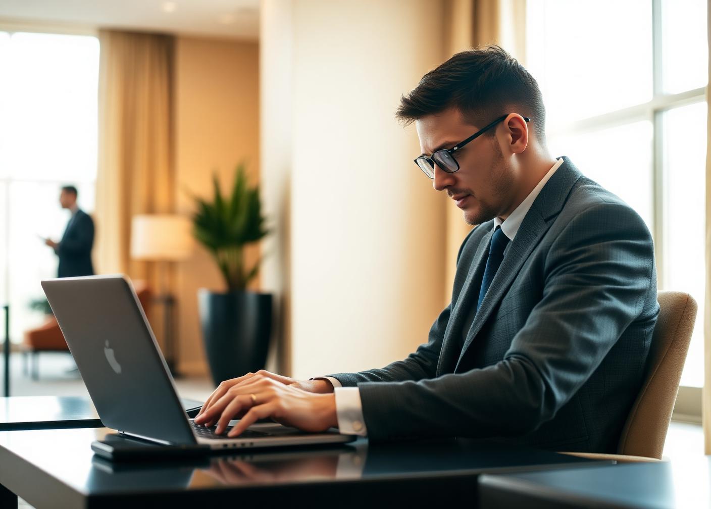 Consultant die op een laptop werkt in het buitenland met een eSIM-dataverbinding